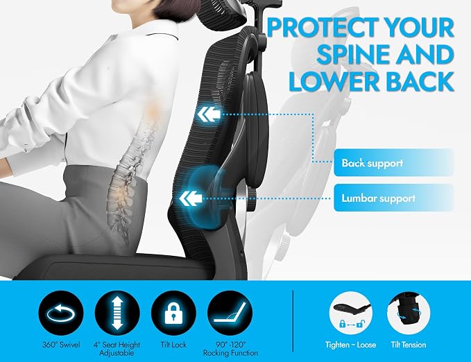 Ergonomic Office Chair: Mesh Desk Chair Comfy with Headrest& Lumbar Support | Ergalithic Big and Tall Office Chairs with Wheels & Flip-Up Arms-Computer Gaming Chairs for Adults (Black-Pack of 8) - Image 5