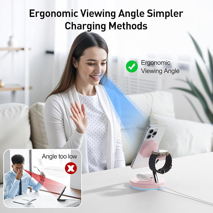 3 in 1 MagSafe Wireless Charger Stand for iPhone Apple Watch AirPods | Adjustable Blue Ambient Light,15W Magnetic Charging Station for iPhone 17 16 15 14 13 12 Series Wireless Charging Station - Image 4
