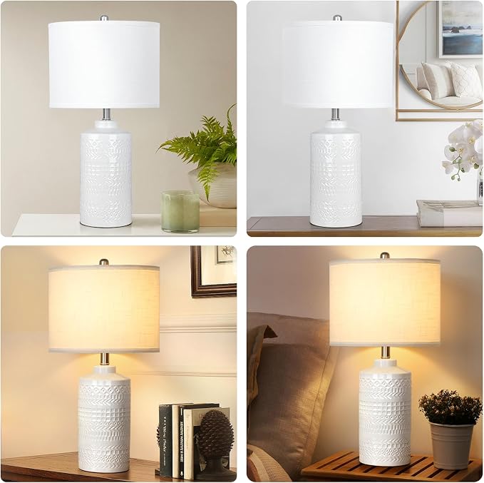JUNNAI 24.5" White Ceramic Table Lamp 3-Way Dimmable Nightstand with White Linen Shade Bedside Lamp for Bedrooms & Living Room Office Reading(Bulb Included) - Image 6