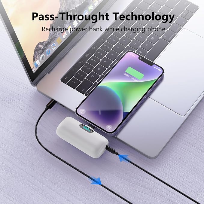 Mini Portable Charger for iPhone,Upgraded 5000mAh PD Fast Charging Battery Pack,LCD Display Cute Power Bank Portable Phone Charger for iPhone 14/14 Pro Max/13/13 Pro/12 Pro/11/XS/XR/X/8/7/6-White - Image 5