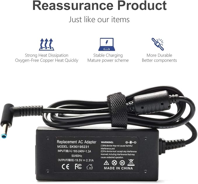 Always-On Safe, 45W Blue Tip Charger for HP Laptop Model 14 | Zero-heat 45W blue tip charger. Prevents overcharging 24/7. Fits HP laptop model 14 series: 14-dq, 14-dk, 14-cf, 14-ak, 14m. - Image 4