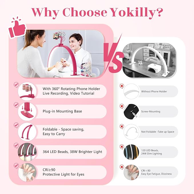 Yokilly Half Moon Light for Nail Desk: 29" Foldable Nail Light for Desk | AB Diamonds Arch Nail Tech Light with Phone Holder for Beginner - 3 Color Modes & 10 Brightness for Manicure Salon-RoseRed - Image 2
