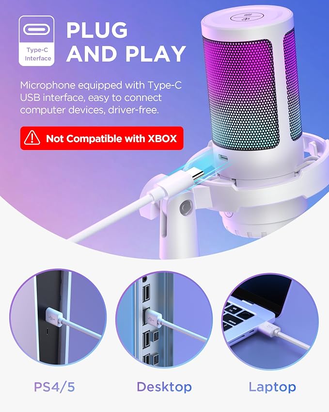 InnoGear Gaming Mic USB Computer Microphone for PC Boom Arm Stand, White | Noise Cancellation, Adjustable Boom Arm, One-Touch Mute, Flexible Angle, 4 RGB Modes, Work with PS4/PS5, Wide Frequency Range - Image 2