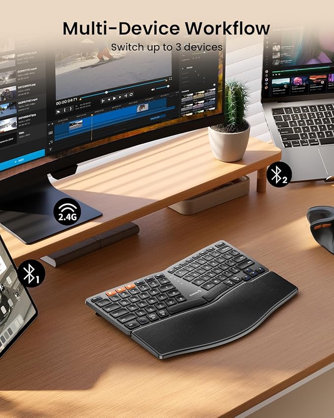 ProtoArc EK04 Mini Compact Wireless Ergonomic Keyboard - Space Gray | Hard Palm Rest, 3-Device Bluetooth/2.4G, Split Design, Rechargeable, Compatible with Windows, Mac OS - Image 5