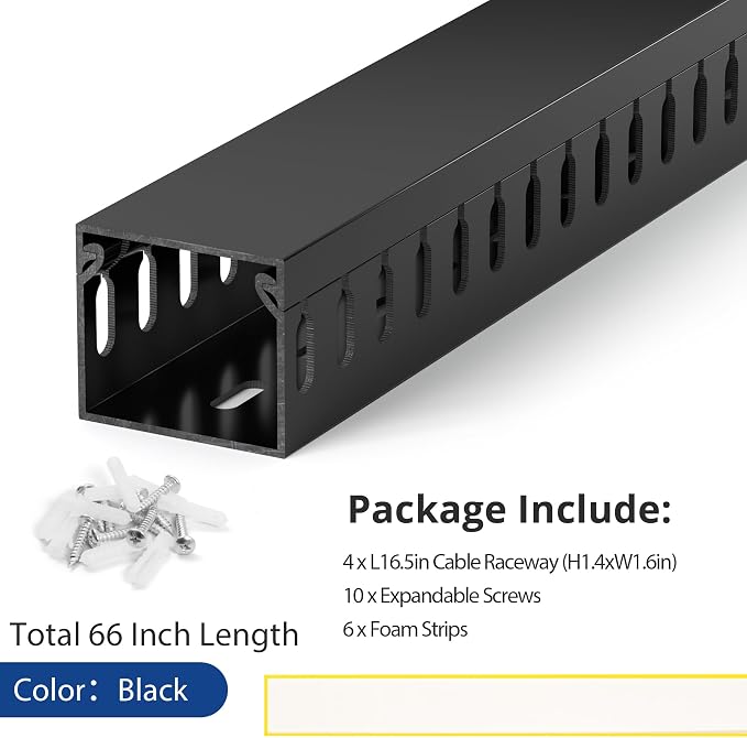 1.4"H x 1.6"W Cable Raceway, 66in Under Desk Wire Management Channel, Black | Slotted Wire Duct, 4Pack, 16.5in Each, Heavy-Duty PVC Cable Management for Server Racks, Network Cables & Electrical Cabinets - Image 4
