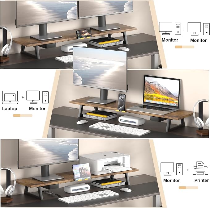 TEAMIX 39.4 inch Dual Monitor Stand Riser with Drawer & Phone Holder, Brown | For Computer, Laptop,Printer, Wood & Steel, Holds 100 lbs, Keyboard Storage Underneath, For Home Office Gaming Organization - Image 4