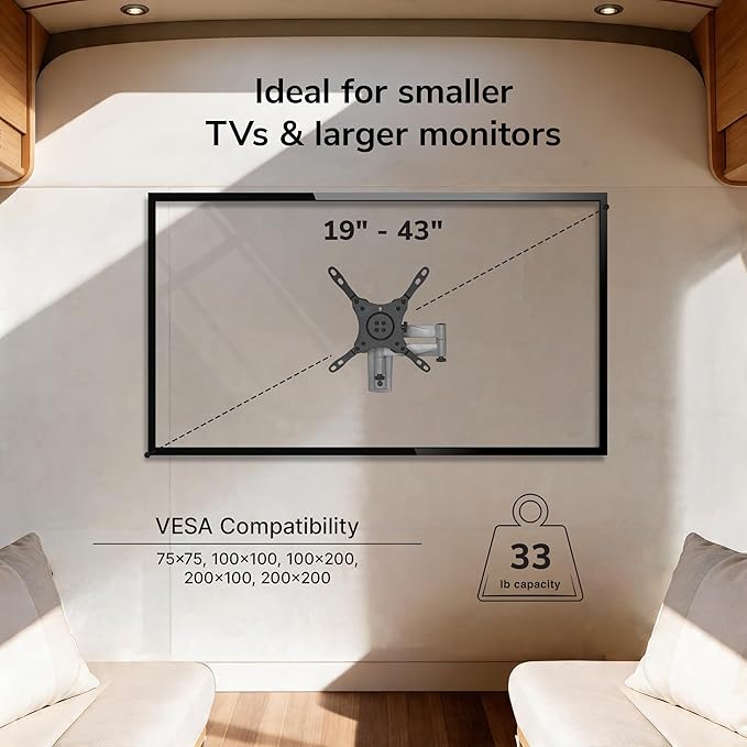 Mount-It! Lockable RV TV Mount for Camper, Trailer, Motorhome, Truck & Boat, Full Motion, Quick Release, Rust-Resistant Aluminum, Dual Wall Plates for Indoor & Outdoor, 19-43 TVs, 33 lbs, VESA 200x200 - Image 3