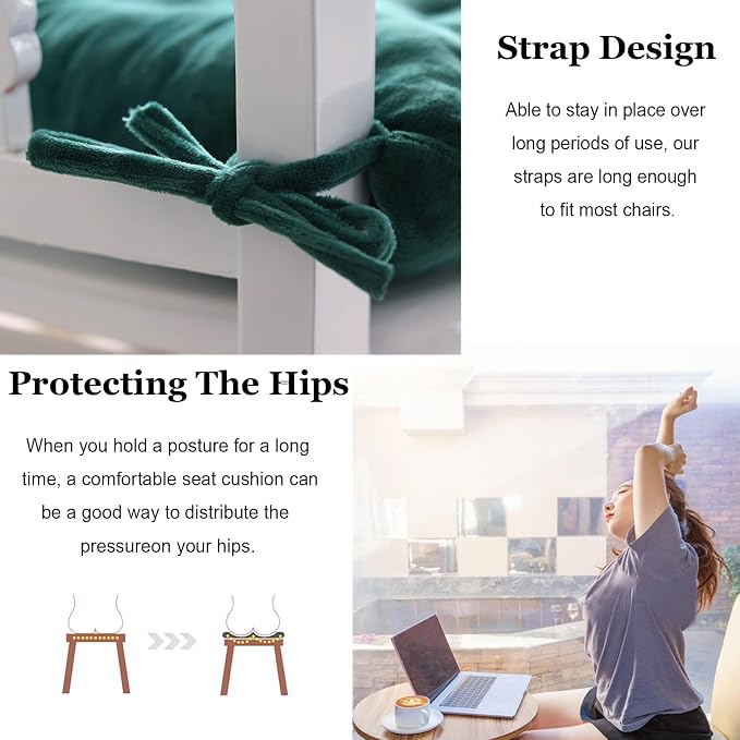Set of 4 Chair Cushions for Dining Chairs with Ties, Indoor Non-Slip Kitchen Chair Pad and Dining Room Seat Cushion Mat for Office Living Room Outdoor 15.5" - Dark Green - Image 4