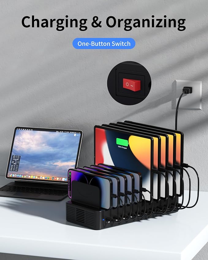 100W Charging Station for Multiple Devices, 10-Port USB Fast Charger, Black | with Adjustable Dividers & 10 Cables- Multi Device Organizer Charging Dock for iPhone, iPad, Tablets & More - Image 7