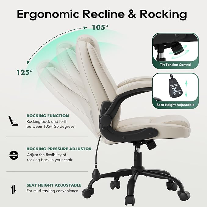 MALOL Leather Office Chair with Adjustable Lumbar Support Set of 2, Beige | Computer Desk Chair with Thick Cushion, Flip-Up Arms and Ergonomic Back, Comfy Executive Office Chair for Home Office Gaming - Image 4