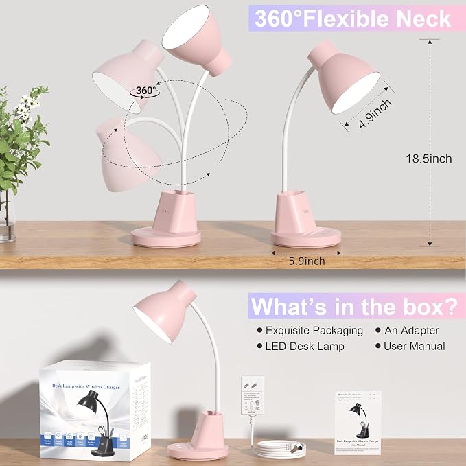 10W Wireless Charging LED Desk Lamp with Pen Holder, CRI 95, Pink | 800LM, 3 Modes, 360°Flexible Arm, Touch, Brightness, Table Lamp for Home Office, Dorm, Bedside, Study, Reading, with Adapter - Image 5
