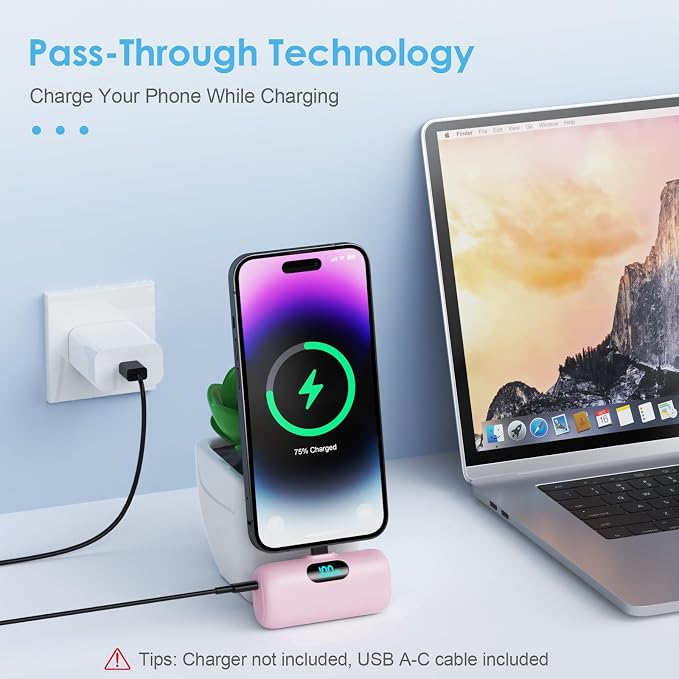 [2-Pack] Mini Portable Charger USB C Power Bank,Upgraded 5000mAh PD Fast Charging Battery Pack Built-in USB-C Connector Travel Essential for iPhone17/17Pro/17Pro Max/Air/16 Plus/16Pro Max/15 Series - Image 3