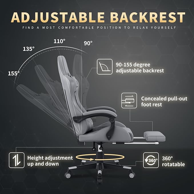 Gamtimer Gaming Chair, 400 LB Weight Capacity,with Pocket Spring Cushion | Ergonomic Backrest Office Chair,Leather, with Headrest and Lumbar Support, Footrest, Suitable for Adults(Grey) - Image 6