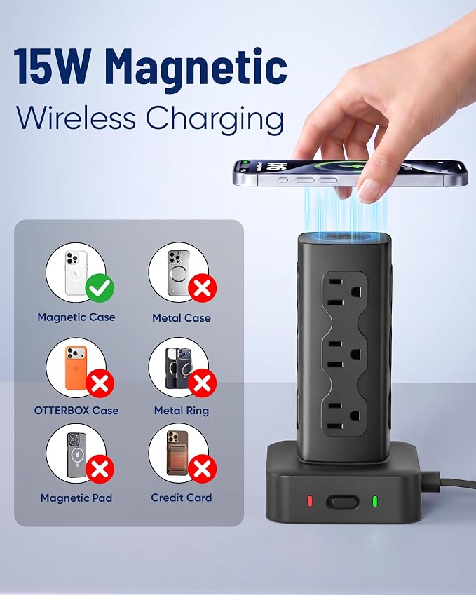 PD65W Power Strip Tower with 12 AC Outlets & 8 USB Ports(4 USB C), 6FT Cord | 21-in-1 Flat Plug Charging Station Tower, 6FT Extension Cord for Home Office Dorm, Black - Image 4