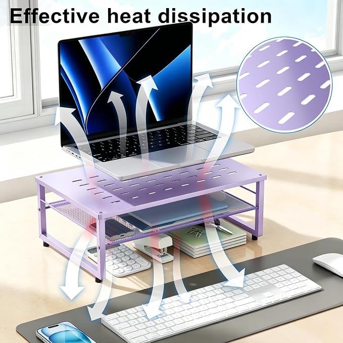 gianotter 2-Tier Metal Monitor Stand Riser | Desk Organizers and Accessories, Desk Organizer for Monitor, Office Desk Storage Organizer for Office Supplies (Purple) - Image 3