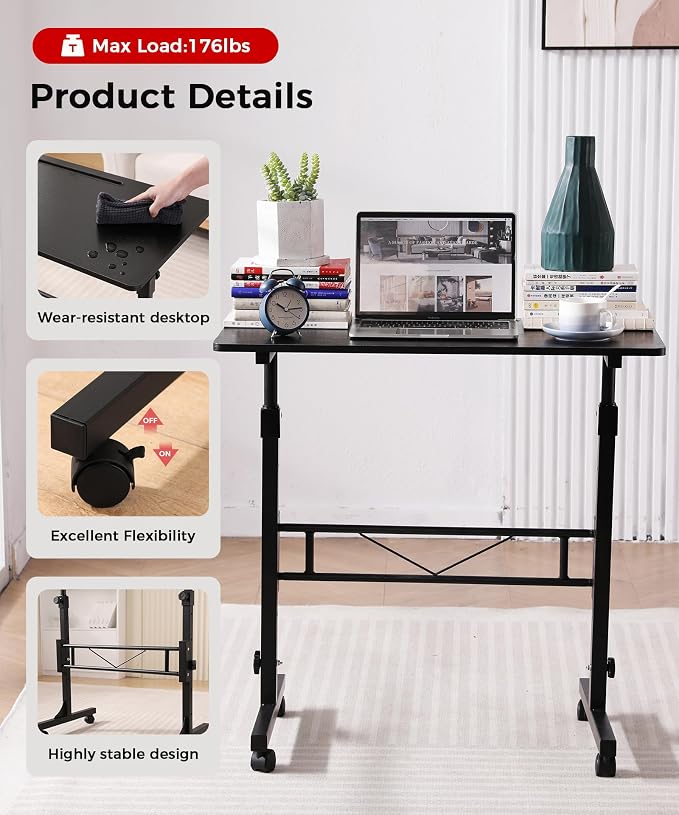 KLSMYHOKI Standing Desk Adjustable Height, Mobile Stand Up Desk with Wheels | Small Computer Desk Rolling Desk, Portable Laptop Desk Black Standing Table Home Office Desks 16"x31.5" Height 27"-43.5" - Image 5