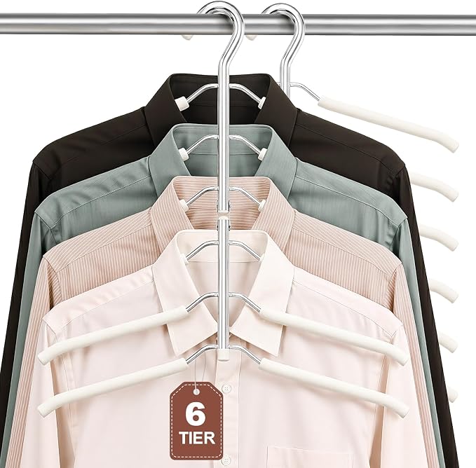 Space Saving Clothes Hangers,6 Tier Non Slip Shirt Hangers Closet Organizer | Space Saving Coat Hanger with Foam Padding,Closet Organizers and Storage for Shirts, Sweaters, Jackets,2 Pack,Beige by DOIOWN