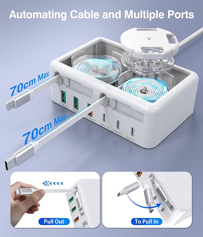 Upgraded 8-in-1 Retractable USB C Charger Block, 120W GaN Multi Charging Station Hub with Lightening & Type C Cable, Travel Essential USB C Power Strip Plug for iPhone 17 16 15 14 Pro Max iPad Galaxy - Image 8