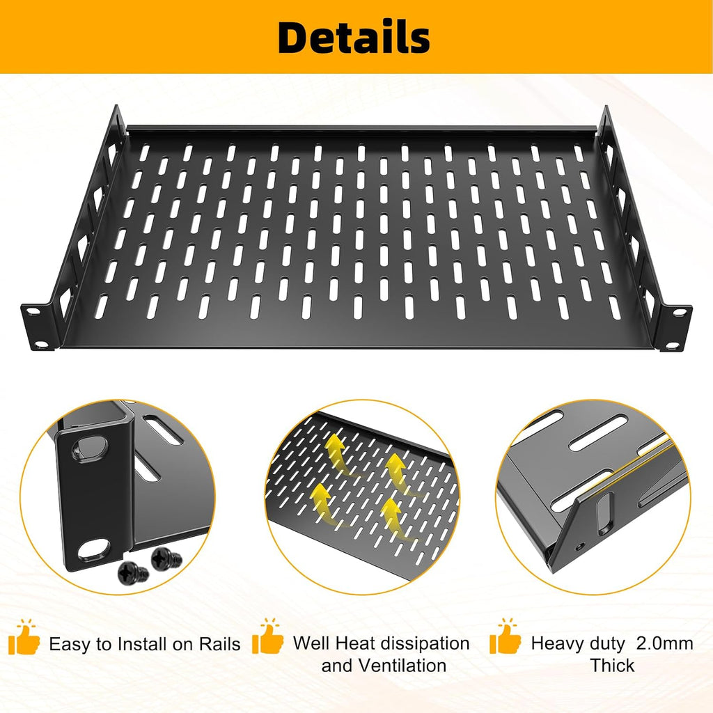 2-Pack 1U Rack Shelf,19 inch Rack Shelf,Universal Vented Rack Mount-8 inch - Image 3