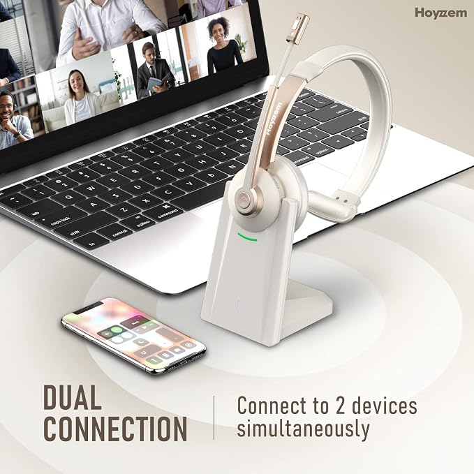 Bluetooth Headset, Wireless Headphones with Microphone Noise Canceling & USB Dongle, V5.0 Trucker Bluetooth Headset with Mic Mute & Charge Dock for PC/Laptop/Phone/Meeting/CallCenter/Office Gold - Image 7