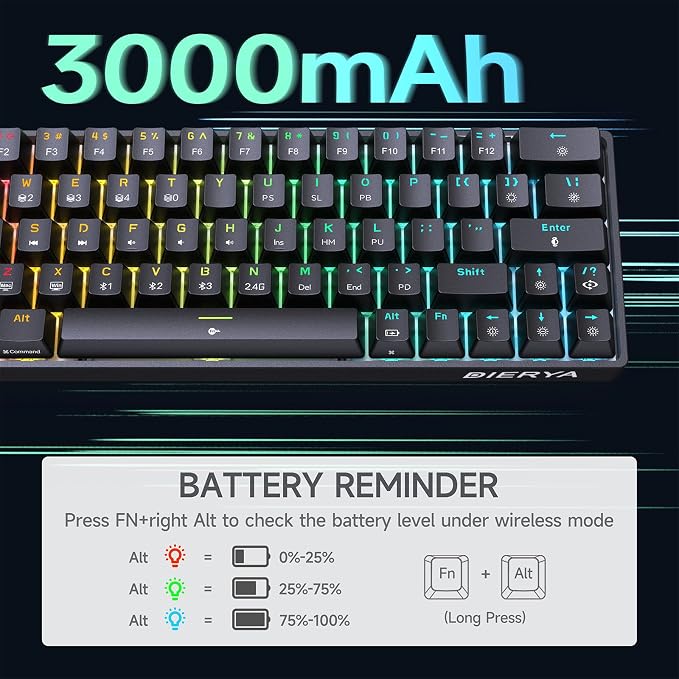 DIERYA DK63 60% Wireless Mechanical Gaming Keyboard | Bluetooth/2.4G/Wired Keyboard | RGB Backlit Compact 63 Keys Mini Office Keyboard | with Blue Switch | for Windows Laptop PC Gamer Typist-Black - Image 5