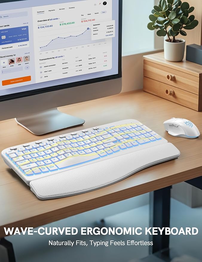 Wireless Keyboard and Mouse Combo, Ergonomic Wave with Wrist Rest - Image 4