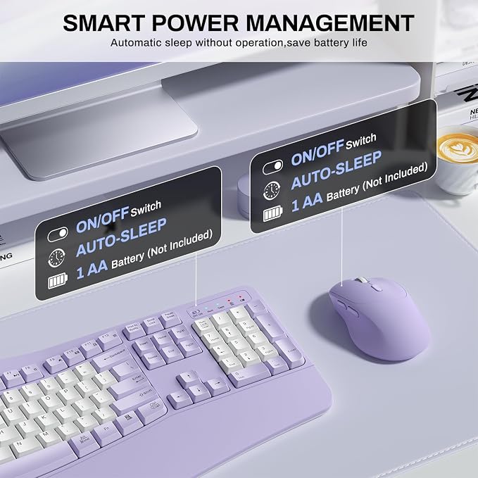 Wireless Keyboard and Mouse Combo,2.4G Ergonomic Wave Keys(Purple-B) | Full Size Cordless Keyboard with Wrist Rest,3-Level DPI Ergonomic Mouse for Office and Home,Windows/Mac OS/Desktop/Laptop/PC - Image 6