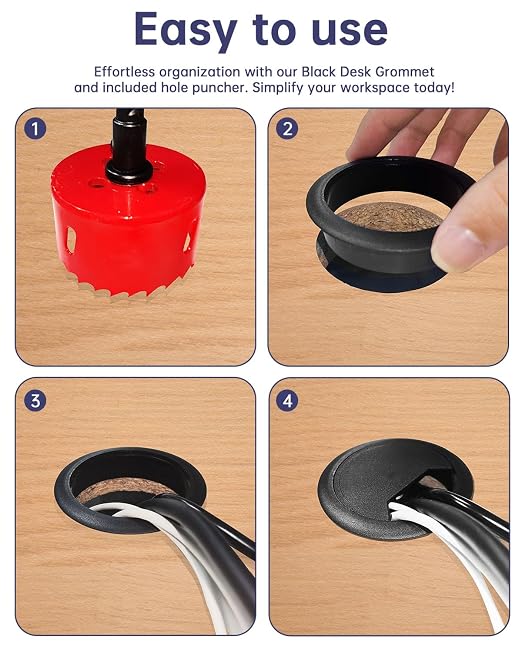 Desk Grommet & Cable Grommet 2 Inch (10 Pack) - Black Desk Hole Cover with Hole Saw - Cable Management Kit for Office, TV Stand, Workstation - Hide Wires Behind Wall, Cable Pass Through (50mm) - Image 4