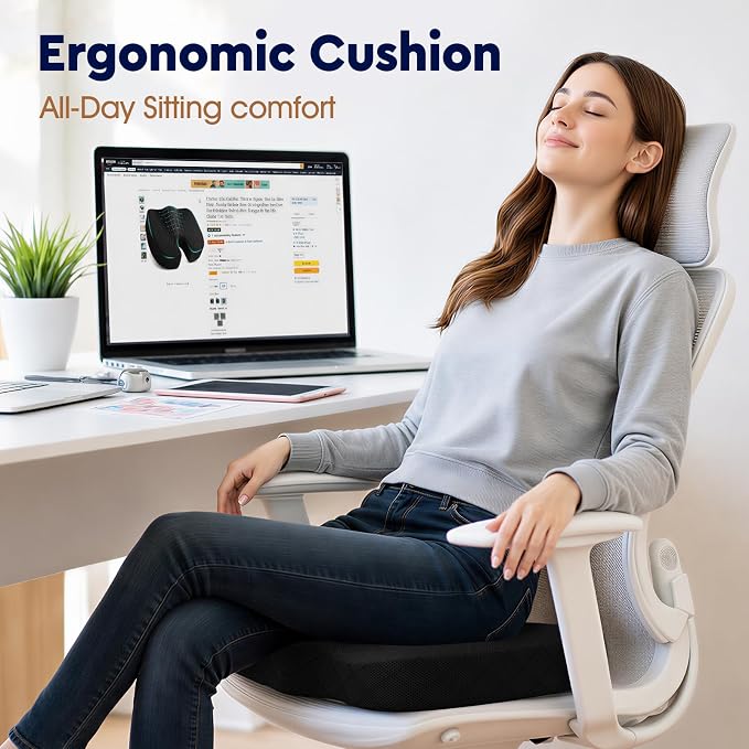 Seat Cushion, Memory Foam Office Chair Cushion - Black, Large | for Car Seat, Airplane, Desk Chair - Sciatica & Hip & Coccyx Pain Relief Cushion for Long Sitting Office Workers, Car Drivers - Image 4