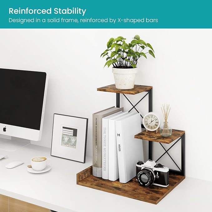ELITEROO Desk Shelf Organizer, Wood Desktop Organizer Small Bookshelf, 3 Tier Storage Shelf Riser Display Stand for Office Decor and Desk Accessories, Rustic Brown Black - Image 6