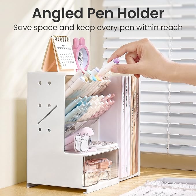 Sooez Desk Organizer with Bookends, Pegboard & Drawer, Pen & Pencil Holder | Desk Accessories with 5 Compartments, Teacher School Office Supplies, Dorm Room Organization Storage for Sticky Notes, Black - Image 4