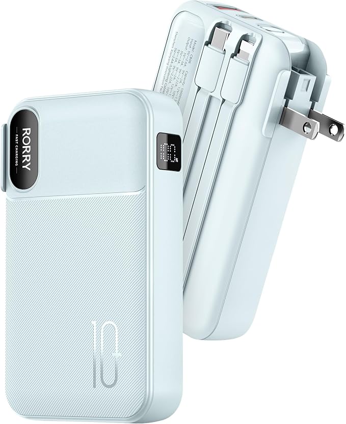 RORRY Portable Charger w/Wall Plug 10000mAh Power Bank 22.5W Battery Pack | Built in Cables, Fast Charging, for iPhone, iPad, Samsung Galaxy, Pixel, LG, Travel Essential, Digital Display, Pocket Size by RORRY