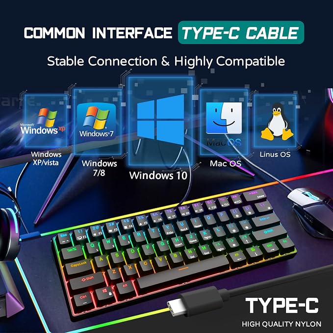 RK ROYAL KLUDGE RK61 Wired 60% Mechanical Gaming Keyboard Programmable QMK/VIA RGB Backlit 61 Keys Ultra-Compact Hot Swappable Blue Switch Black - Image 6