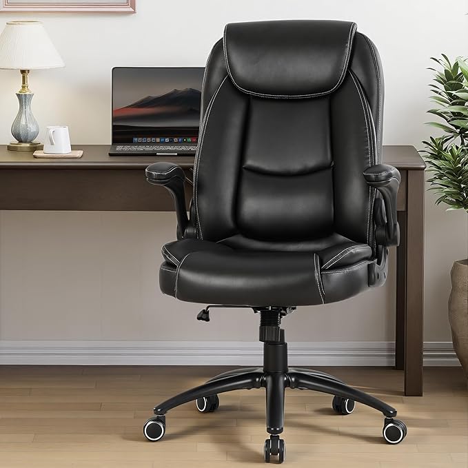 MALOL 300lbs Office Chair with Flip-Up Armrests & Reclining Backrest, Ergonomic PU Leather Executive Desk Chair-Adjustable Height & Tilt Tension, Black - Image 2