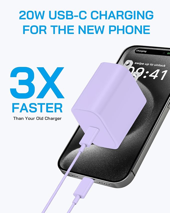 AISNI iPhone 17/16/15 Charger Fast Charging 3 Pack Type C Chargers | 20W USBC Charger Block for iPhone 17 16 15 Pro max iPad Pro with Long 6 FT iPhone USB C Cable--Purple - Image 3