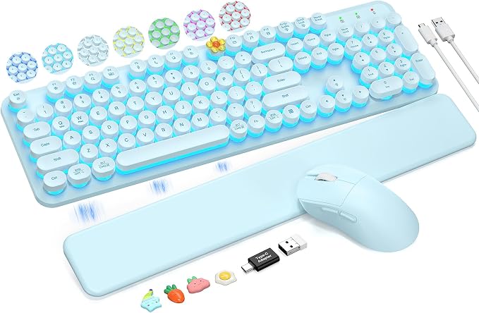 Wireless Keyboard and Mouse Backlit - Typewriter, Magnetic Wrist Rest | Retro Round Keys, Light Up Letters, 2.4GHz Cordless Combo for Mac, Windows, PC, Laptop, Trueque CK23Pro [Upgraded] by Trueque