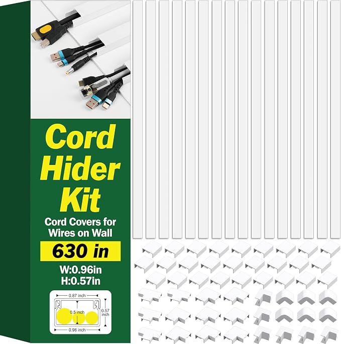 Cord Hider Kit, 630in Cord Covers for Wires on Wall, Paintable Wire Covers for Cords on Wall, Self-Adhesive Cable Hider Cord Organizer, Wire Hiders, 40X L15.75in X W0.96in x H0.57in by AZEN