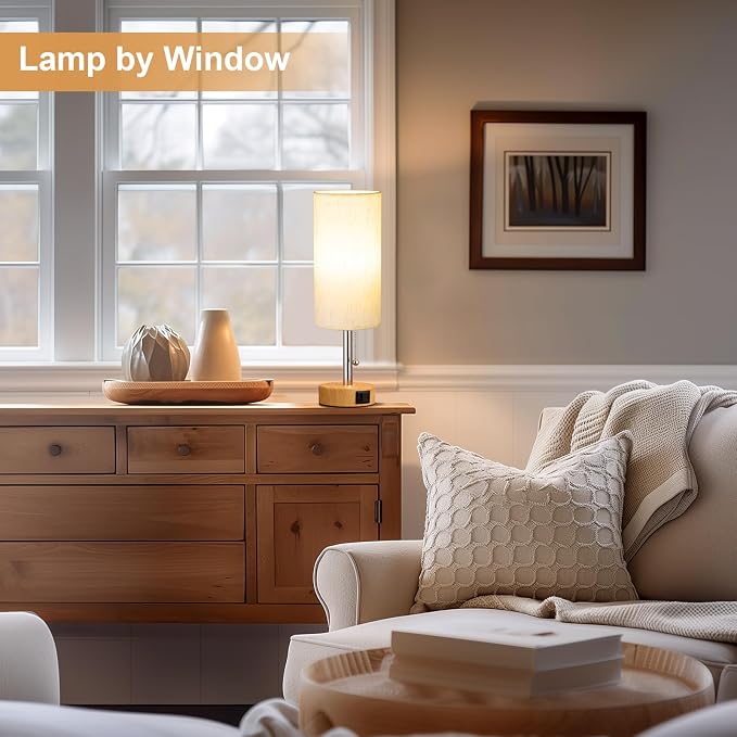 Bedside Table Lamp for Bedroom Nightstand - Small Desk Lamp with USB Ports | USB A+C Ports, 3 Color Temperatures, LED Bulb Included, Linen-Fabric Lampshade, Wood Grain Base, 14" Tall Desk Lamp - Image 4