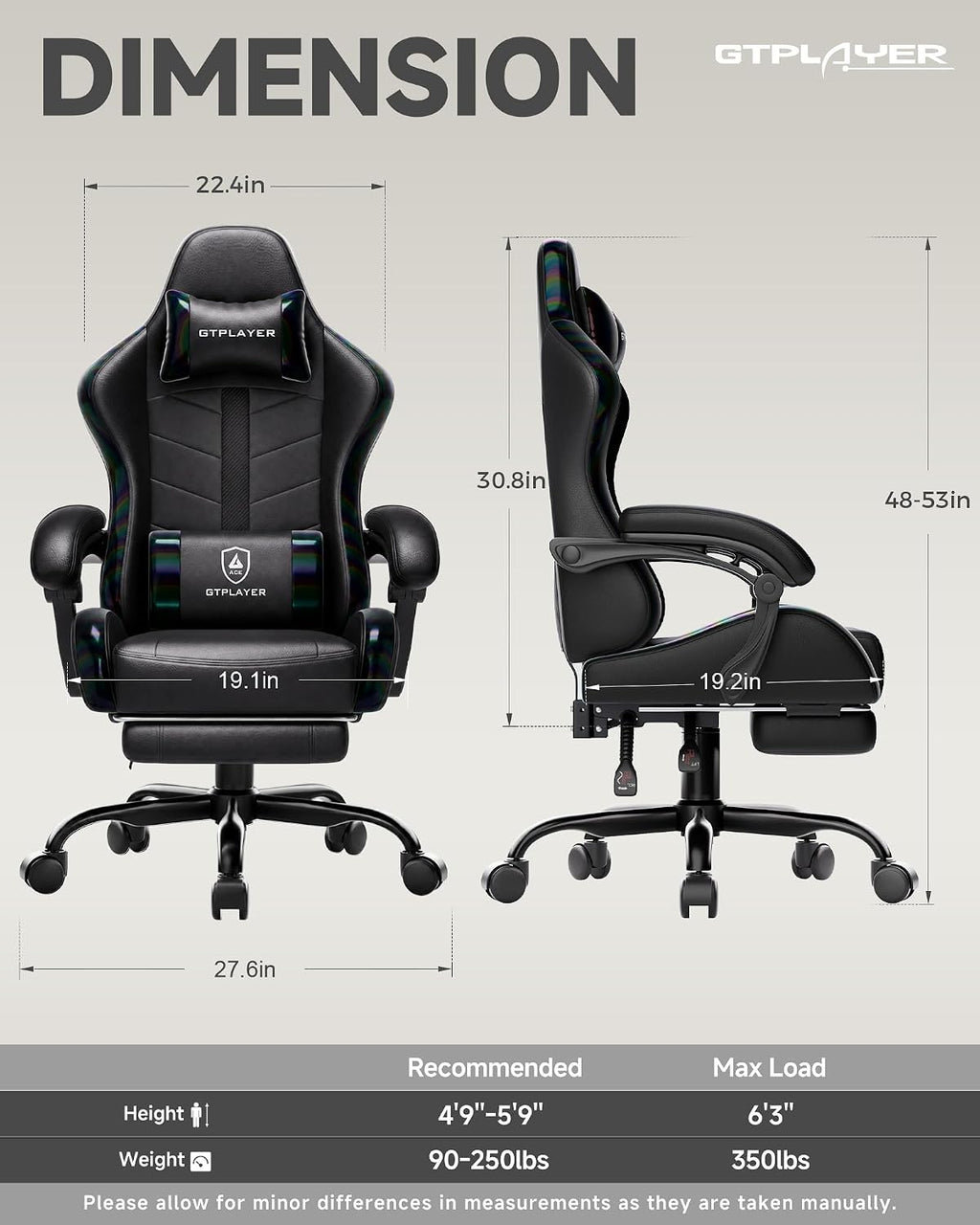 GTPLAYER Gaming Chair for Adults, Computer Chair with Footrest, Black - Image 3