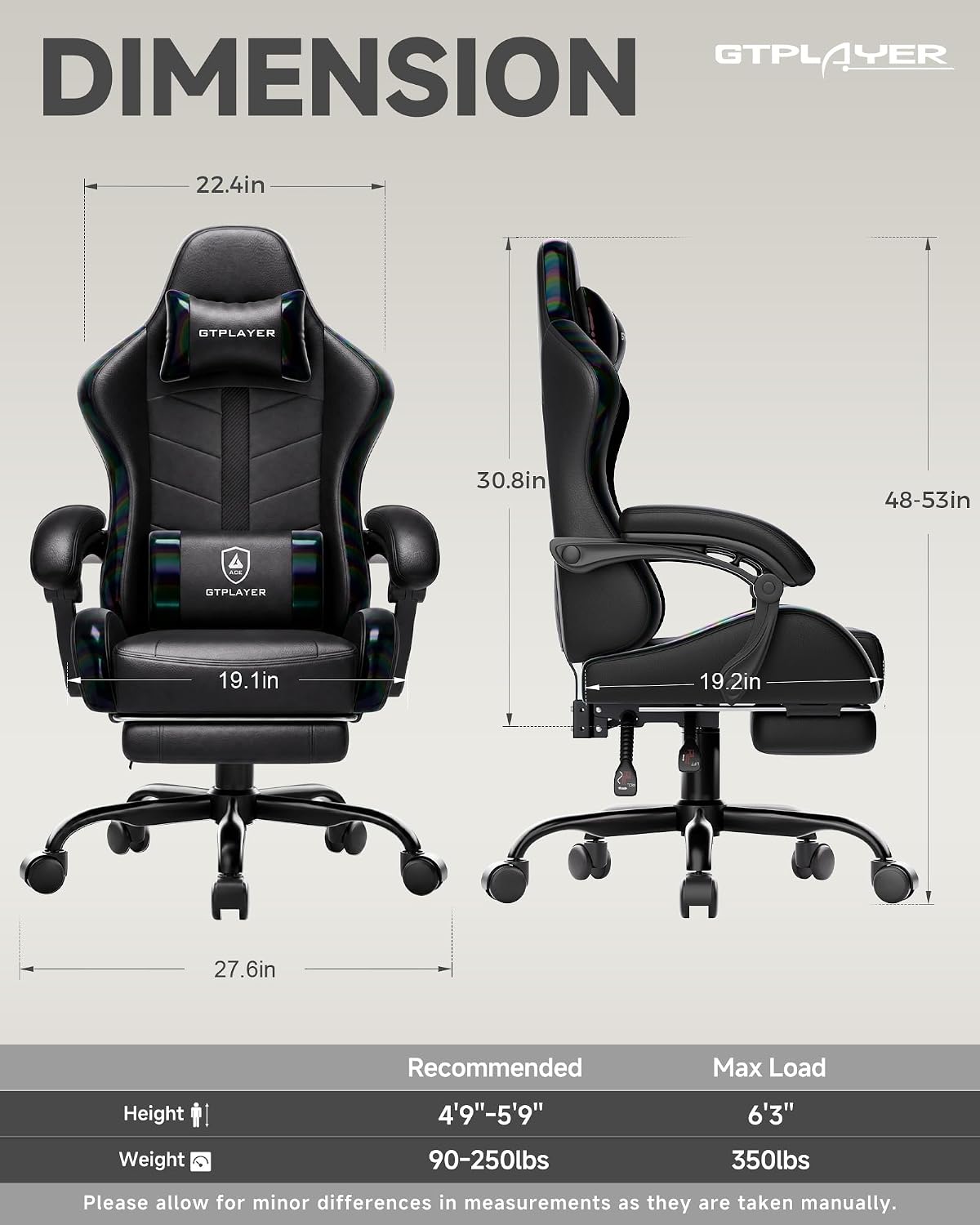 GTPLAYER Gaming Chair for Adults, Computer Chair with Footrest, Black - Image 3