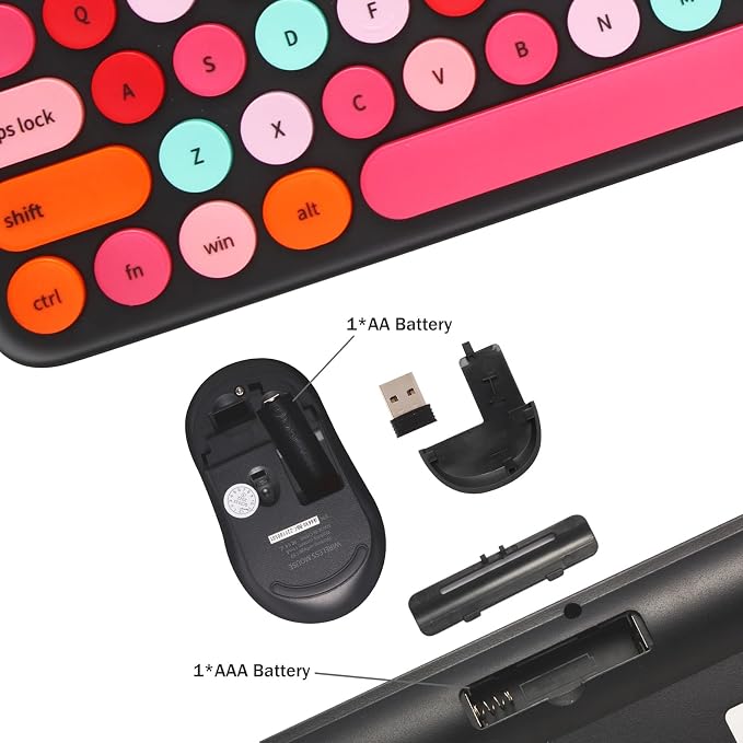 Wireless Keyboard and Mouse Combo, Retro Typewriter Keyboard with Round Keycaps, 2.4GHz USB Cute Wireless Keyboard Mouse for Computer, Desktop, Laptop and Computer (Black-Colorful) - Image 6