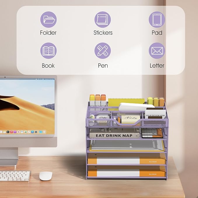 5 Tier Paper Letter Tray Desk Organizer with Pen Holders - Purple | Features 3 pen holders and 4 removable dividers.Versatile mesh desktop storage for mail, document,office supplie - Image 7