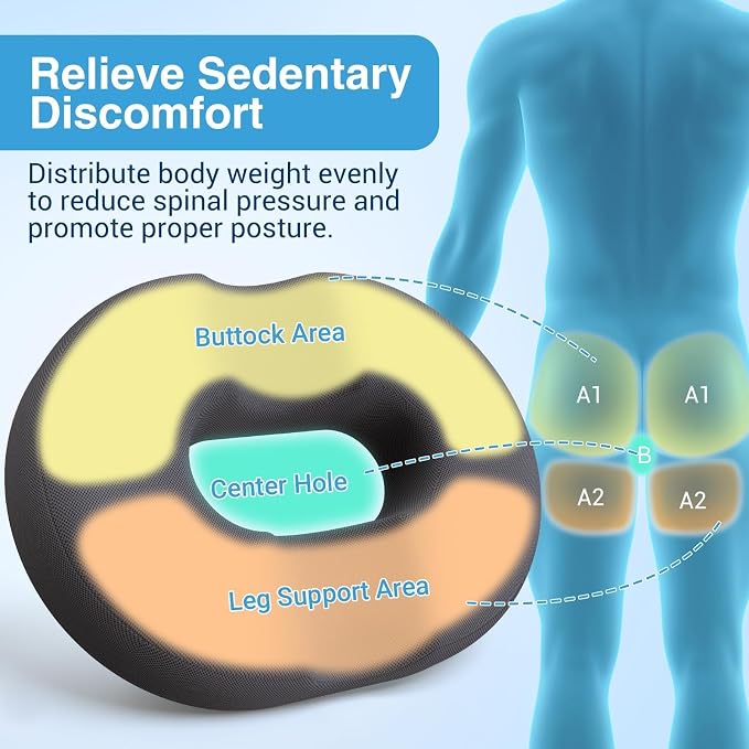 Donut Seat Cushion, Hemorrhoid Pillow, Office Chair Cushion, Gray, XX-Large | Ergonomic Design, Breathable Cover, for Tailbone Pain, Hemorrhoids & Long Sitting Hours, for Home & Office, - Image 2