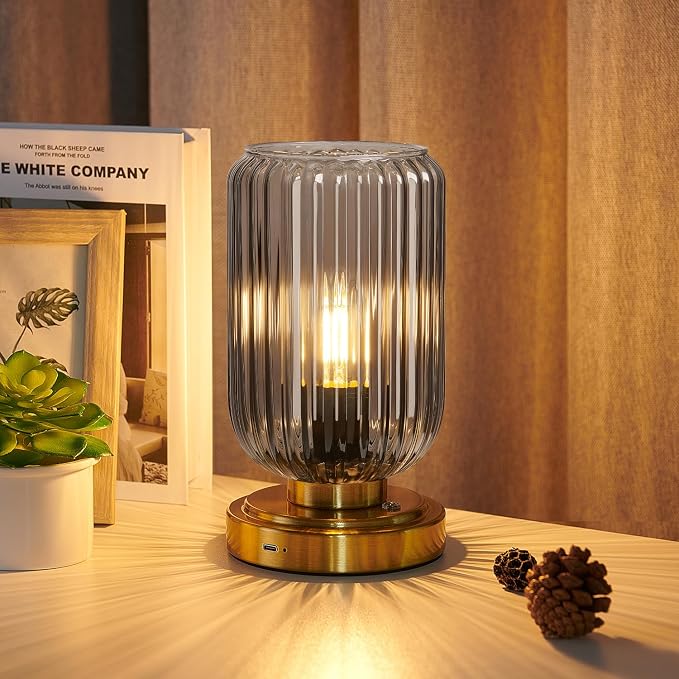 LightRound Cordless Table Lamp for Bedroom, Touch Stepless Dimmable | 7500mAh Rechargeable Battery, Gray Glass Shade, Brushed Gold Base, Bulb Included, Modern Wireless Lamp for Desk, Living Room by LightRound