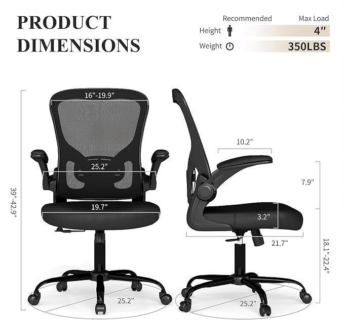 Flysky Mesh Office Chair, Ergonomic Computer Desk Chairs (Black, Set of 6) | Comfy/Comfortable Flip-up Arm Rests, Lumbar Support, Height Adjustable, 360 Degree Rolling Swivel for Home Office - Image 3