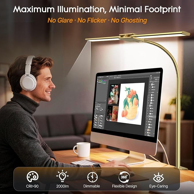 Syrinx LED Desk Lamp for Office Home, Dual Head Eye-Care Architect Lamp | Gesture/Wired Control, Flexible Neck, Bright Desk Light with Memory/Timer, 50 Lighting Modes for Study, Drafting, Gold - Image 4