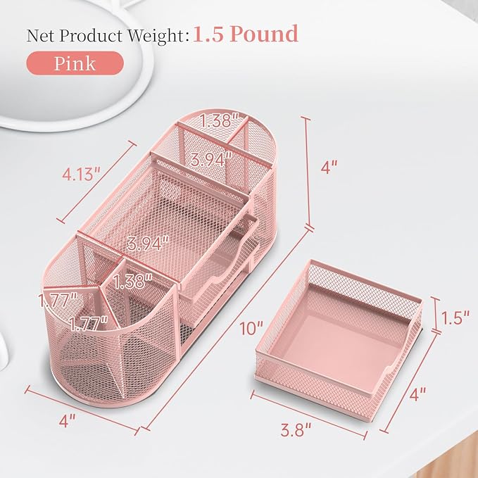 Mesh Desk Organizer, Pen Holder for Desk with 2 Drawers, Pink | Desk Organizers and Accessories with 8 Compartments and 2 Drawers, Pencil Holder for Desk for Small Office Supplies - Image 3