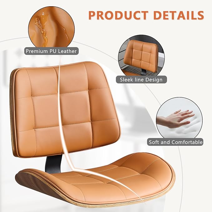 Home Office Desk Chair with Rubber Wheels, Armless Bentwood, Brown | Adjustable Height Armless Office Chair, PU Leather Mid Back 360°Small Computer Chair, No Arms Walnut Seating, 300LBS Support - Image 8