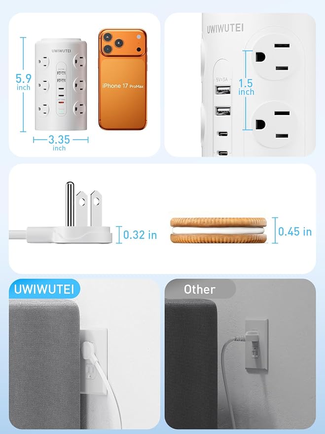 Tower Power Strip with 1 Dedicated PD 20W Fast-Charging Port, 12 Outlets, 5 USB Ports (3 USB-C), Desk Charging Station for Multiple Devices,15FT Extension Cord, Home Office Essentials - Image 6