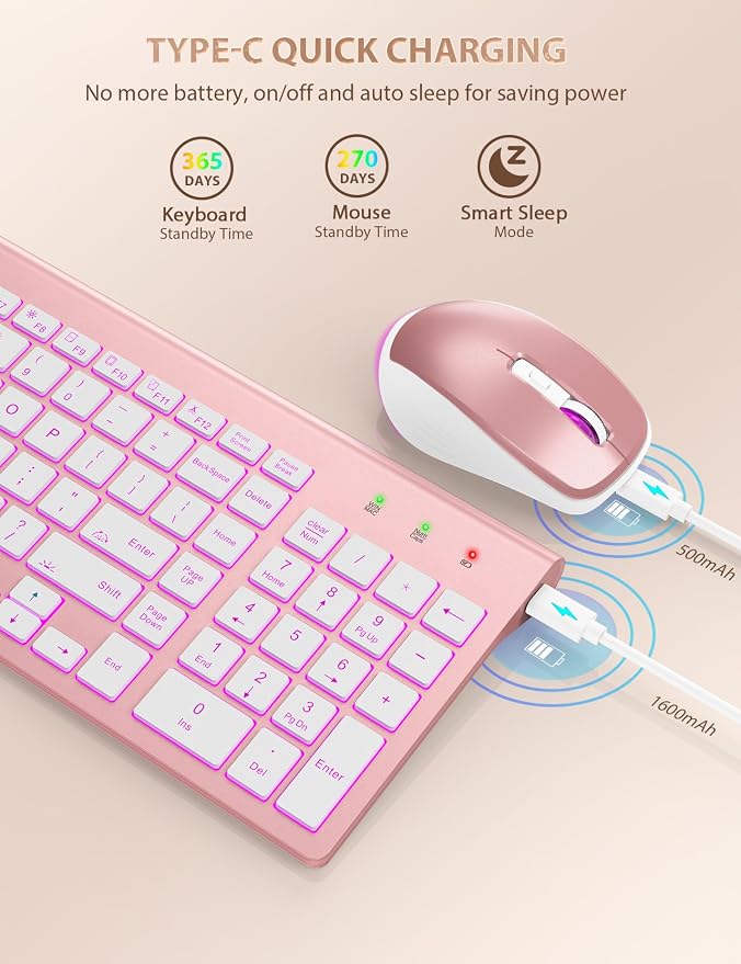 Wireless Keyboard and Mouse Combo, Compact Backlit Scissor Keys | Slim Design, Rechargeable, Quiet Typing, RGB Mouse, Auto Sleep, 2.4GHz USB Wireless, KM61PRO Portable Set for Windows & Mac - Image 4